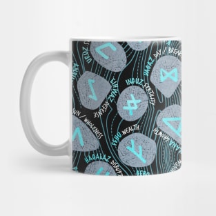 Mystical Viking Runes // pattern // black background grey stones neon mint letters of the runic alphabet Mug